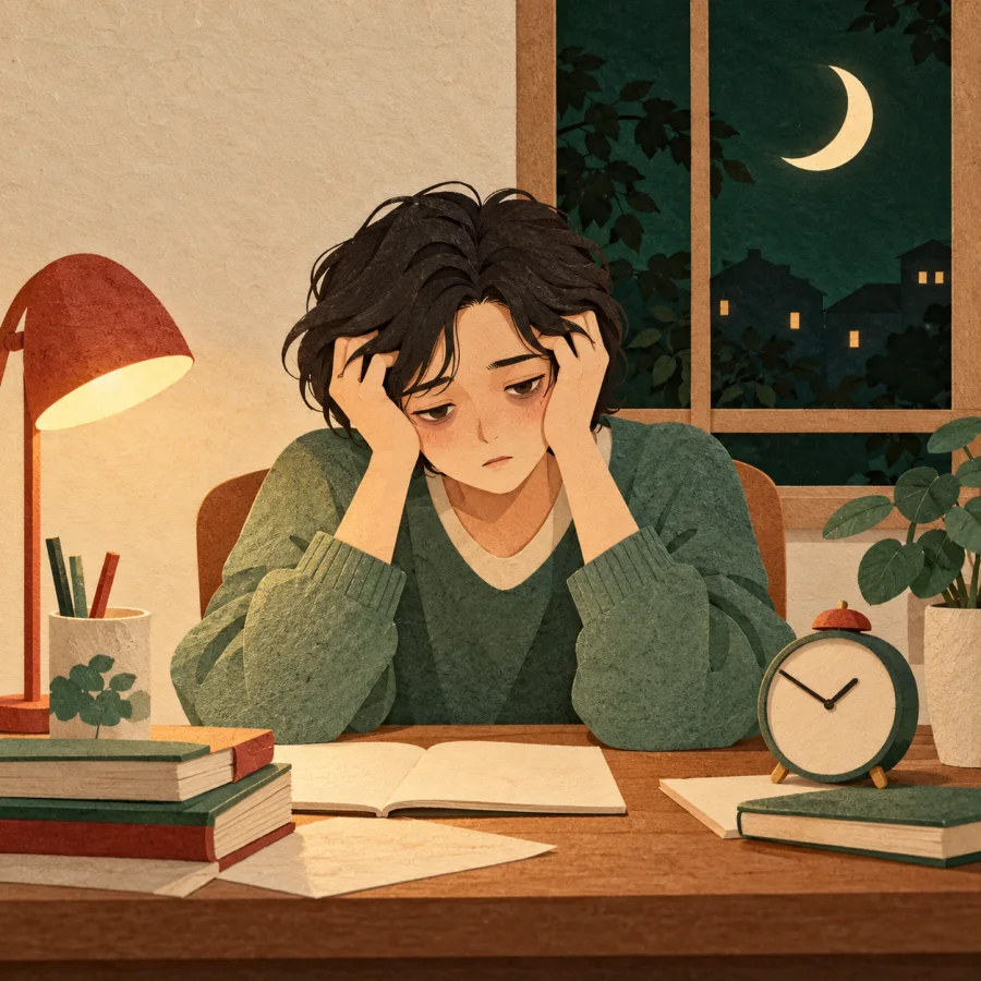 A pale person sits at a desk holding their head in their hands