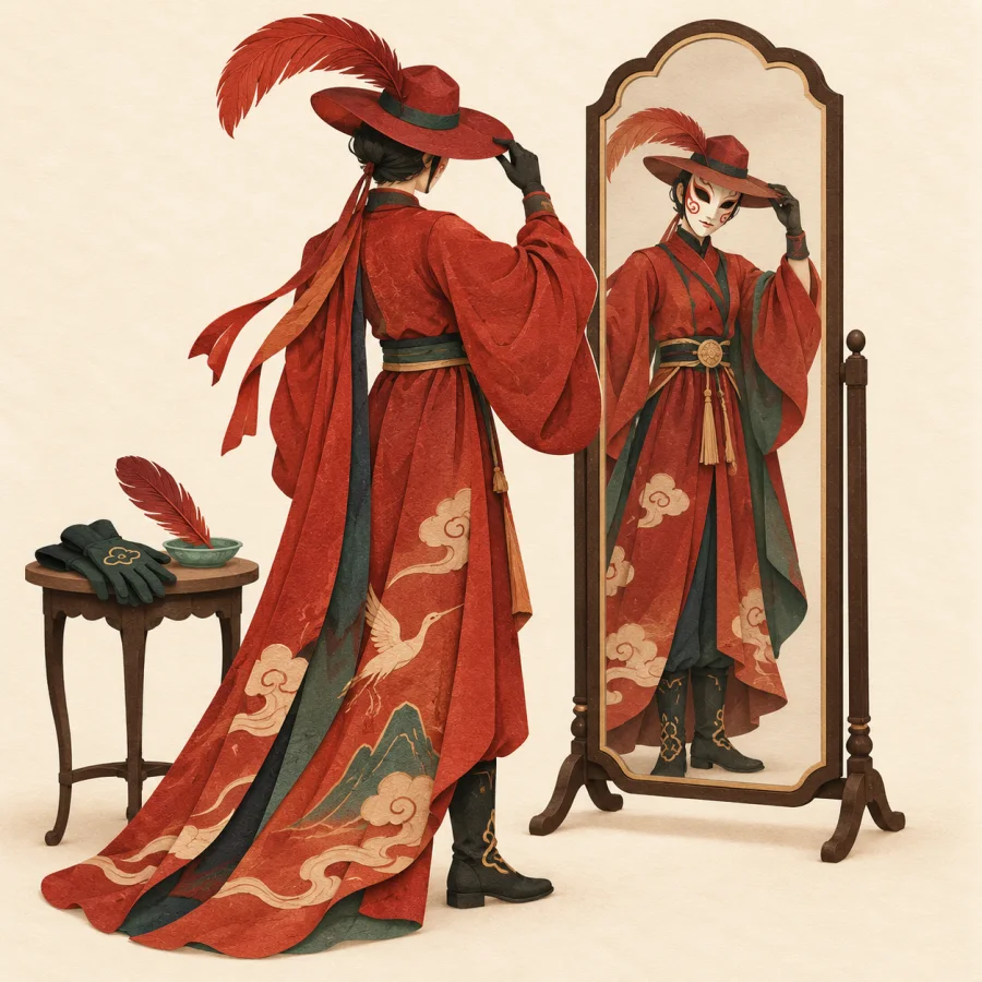 A person in a mask puts on a colorful costume in front of a mirror