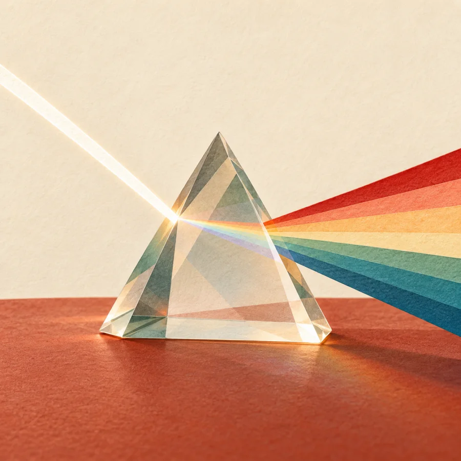 A beam of light passes through a prism and splits into colors