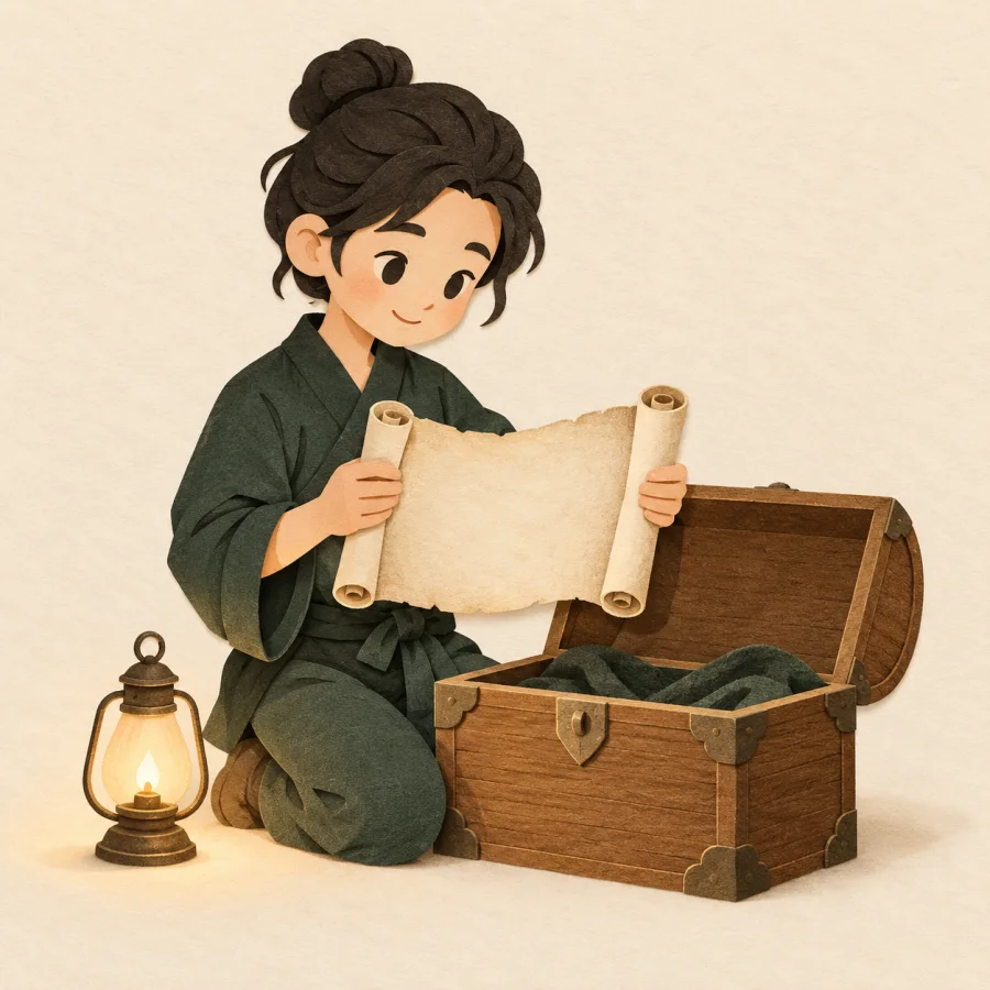A person carefully holds an old rolled map by an open chest