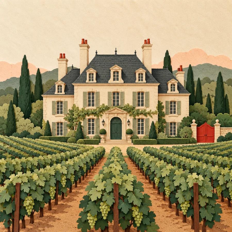An old manor house amid a vineyard with a red gate