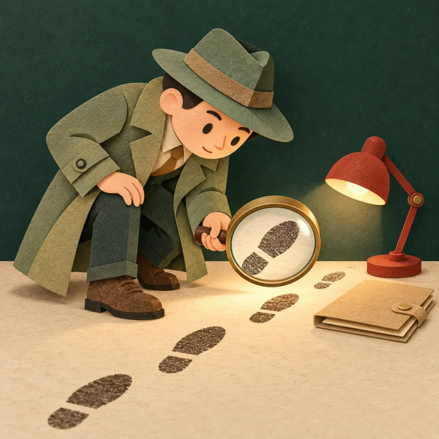 A detective with a magnifying glass studies footprints