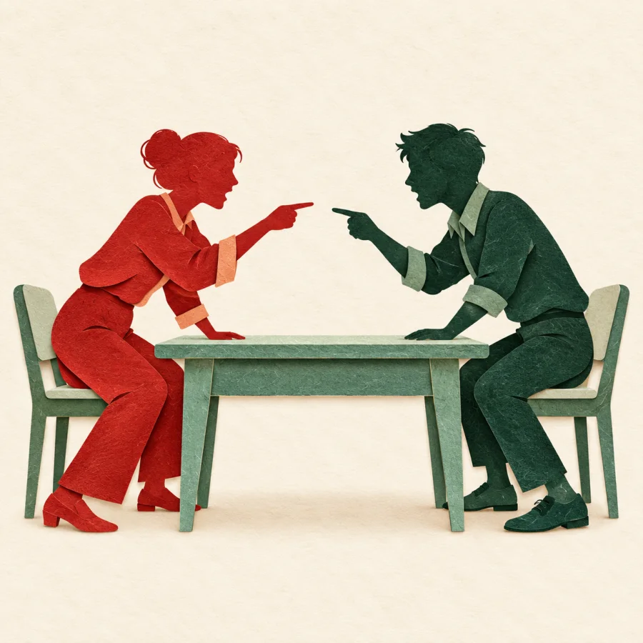 Two silhouettes argue fiercely across a table