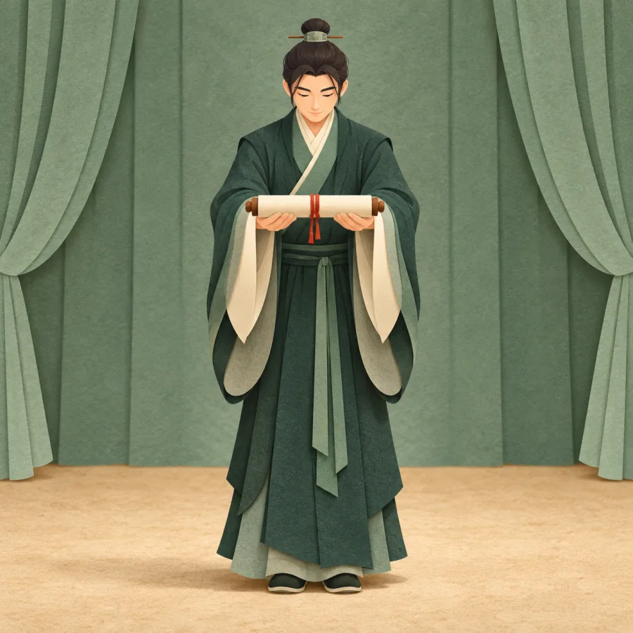A dignified person in dark robes receives a scroll on stage