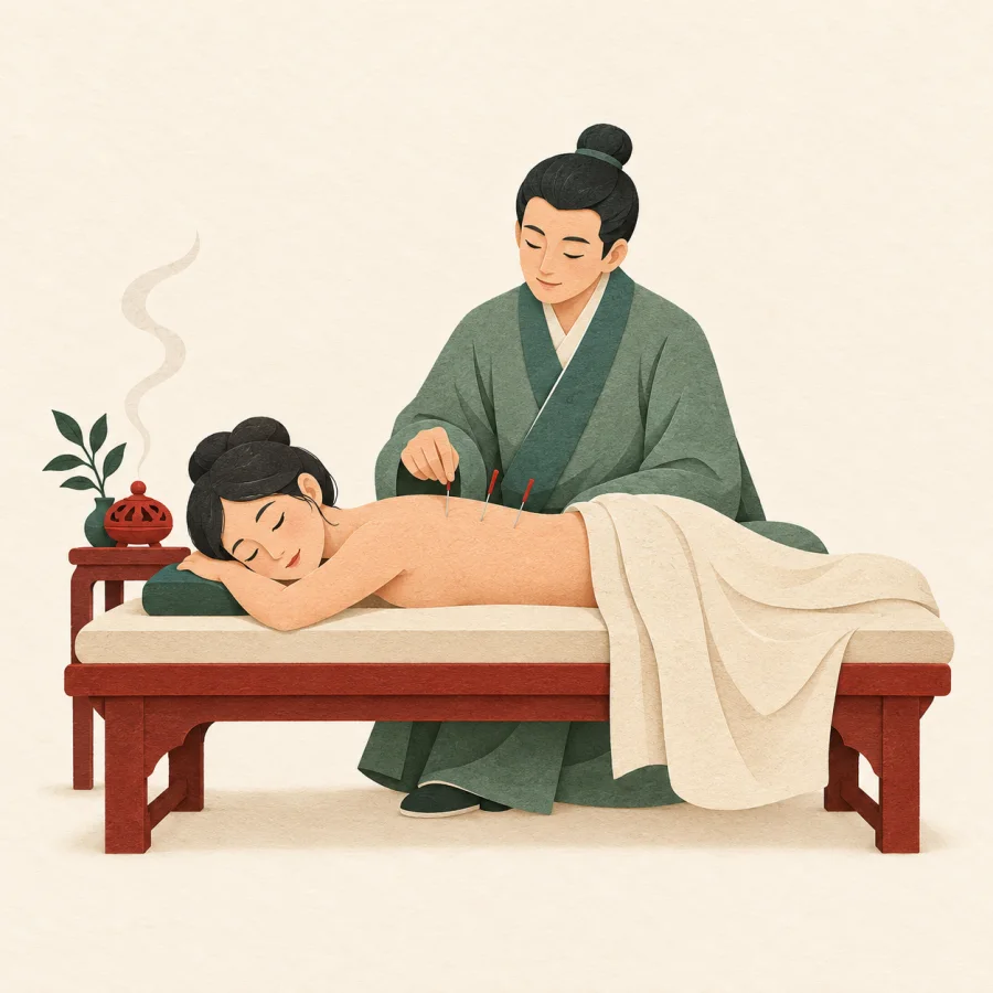 A patient lies on a bed during an acupuncture session