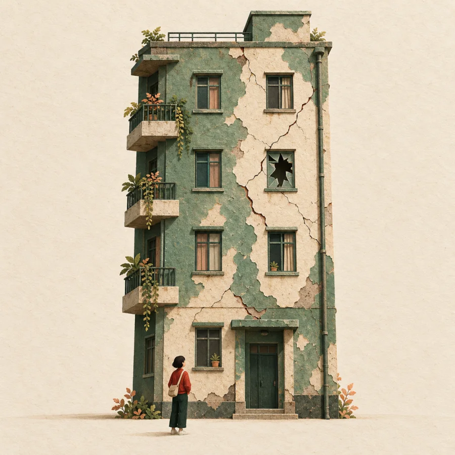 An old paper-cut building with a lone person looking up at it