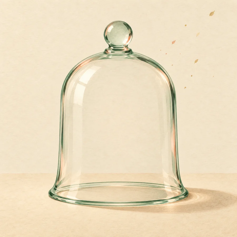Tiny particles drift away from an empty glass bell jar