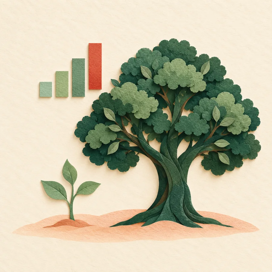 A tiny sapling beside a large flourishing tree with a rising chart
