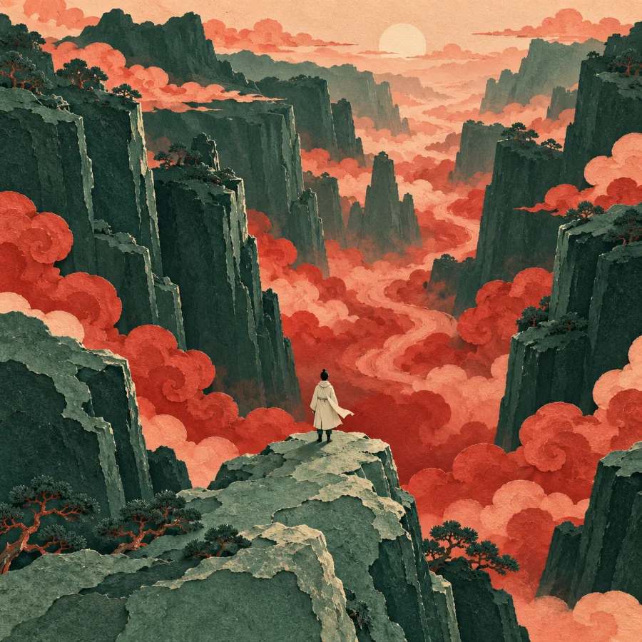 A person on a summit gazes at a canyon with rolling clouds