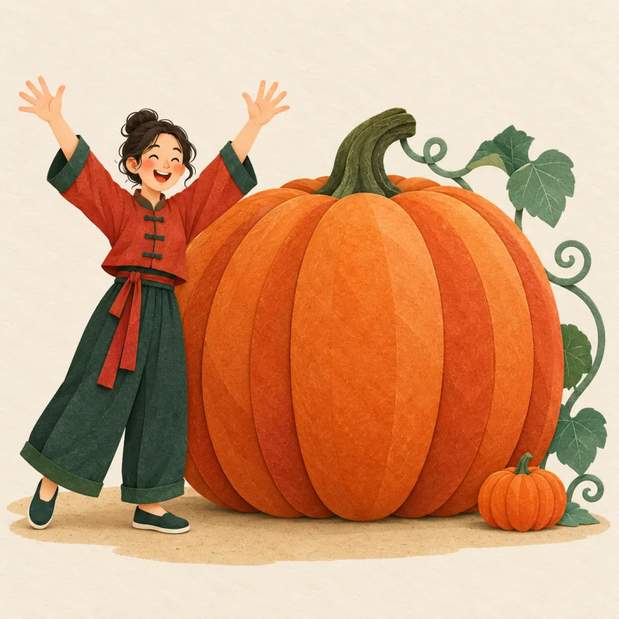 A person stares in surprise at a giant pumpkin