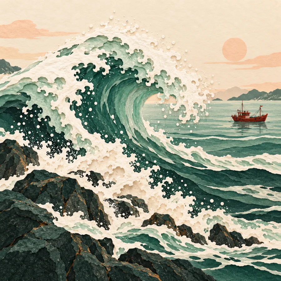 A big green wave crashes against dark rocks, sending up spray