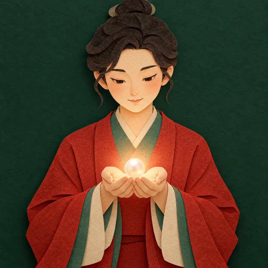 A person carefully cradles a small pearl in both hands