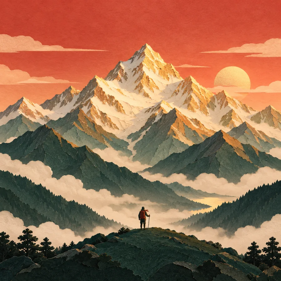 Snowy peaks glow golden under a sunset sky, a small watcher below