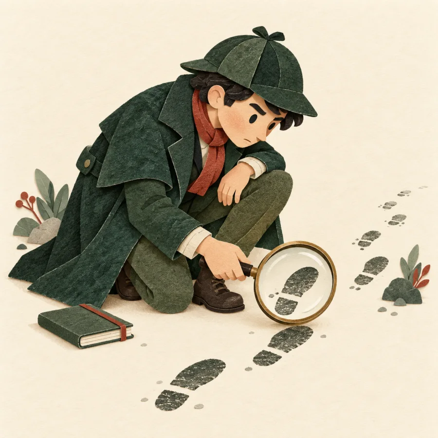 A detective studies footprints through a magnifying glass