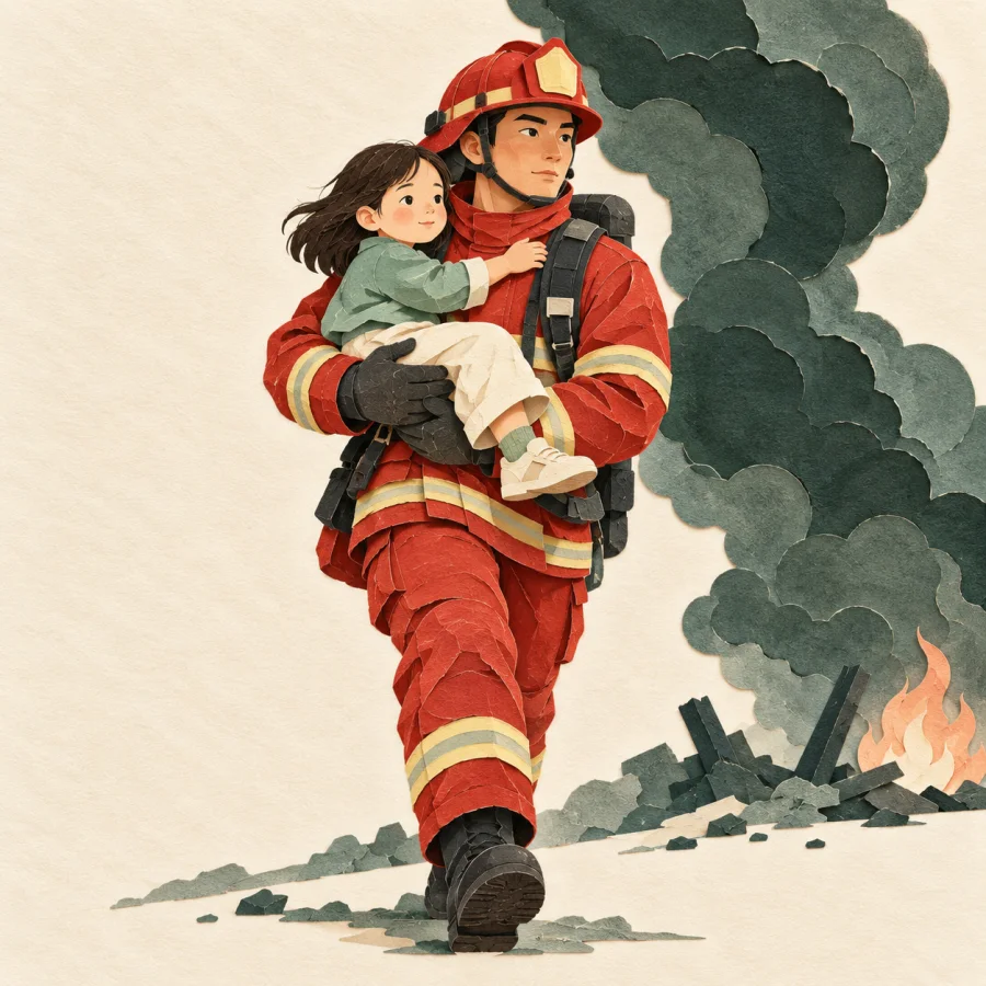 A firefighter carries a child away from smoke