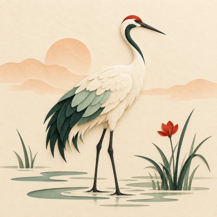 A rare crane stands in a wetland among reeds