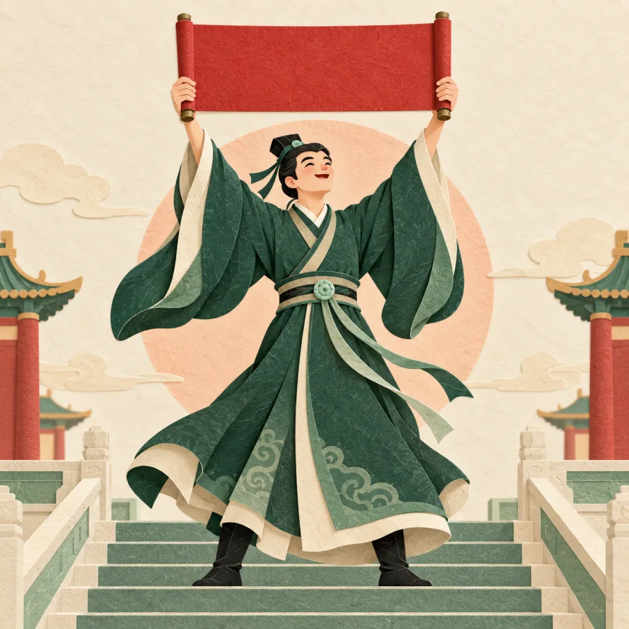 A scholar raises a red scroll before a palace