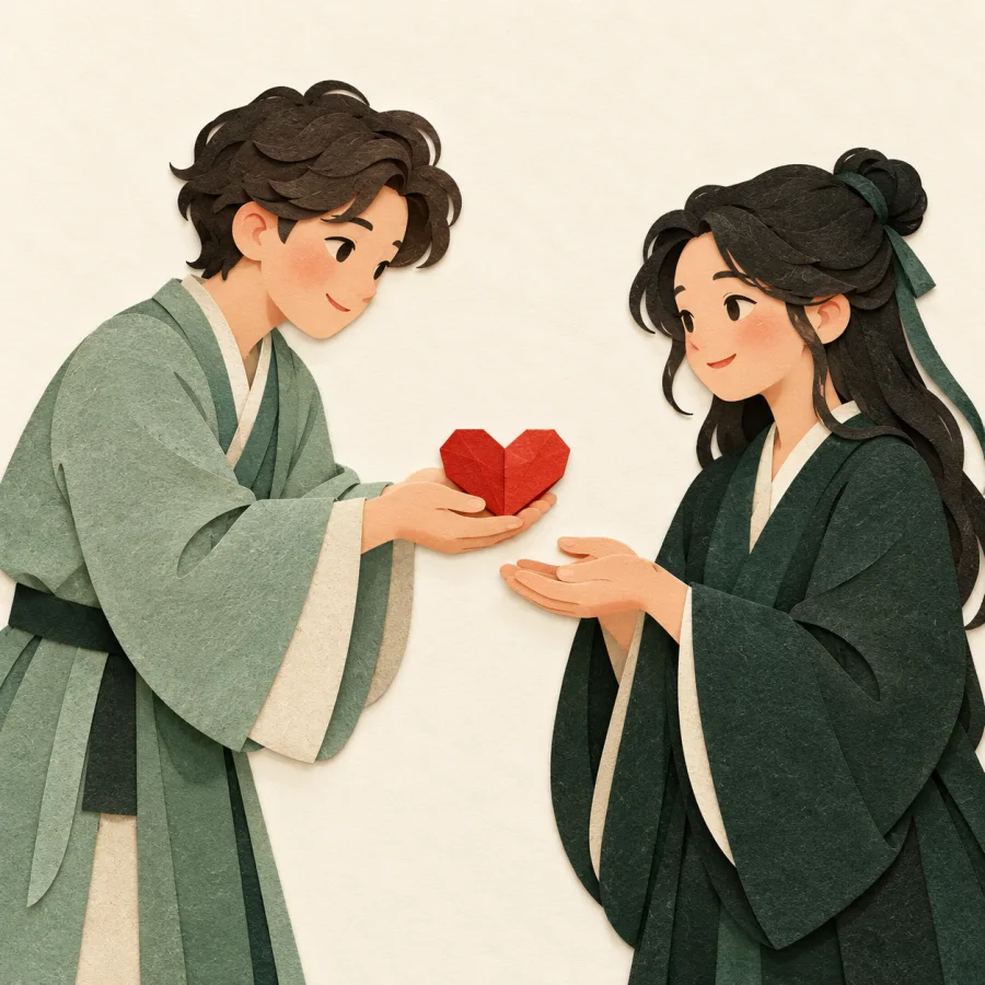 A person offers a red paper heart to a friend