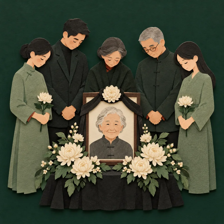 People stand with bowed heads before a portrait draped with cream flowers