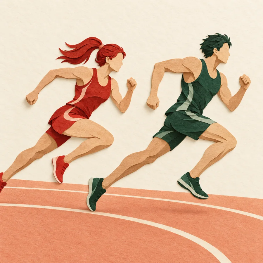 A runner in red sprints just behind a runner in green on a track