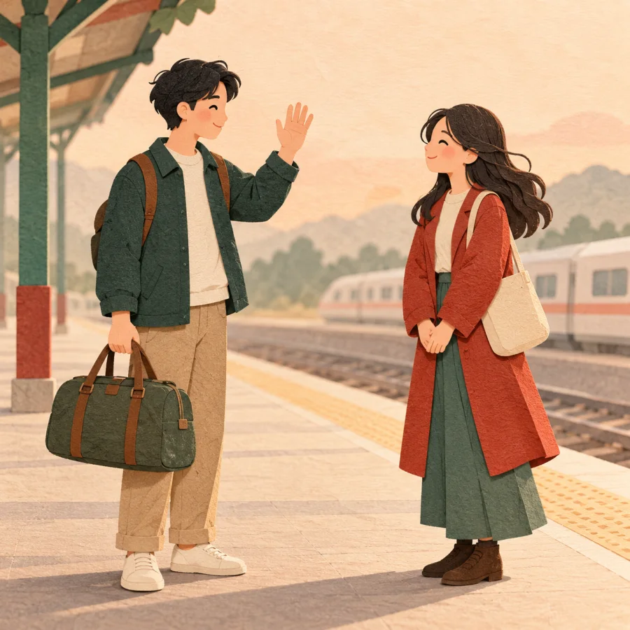 Two friends say goodbye at a station, one holding a travel bag