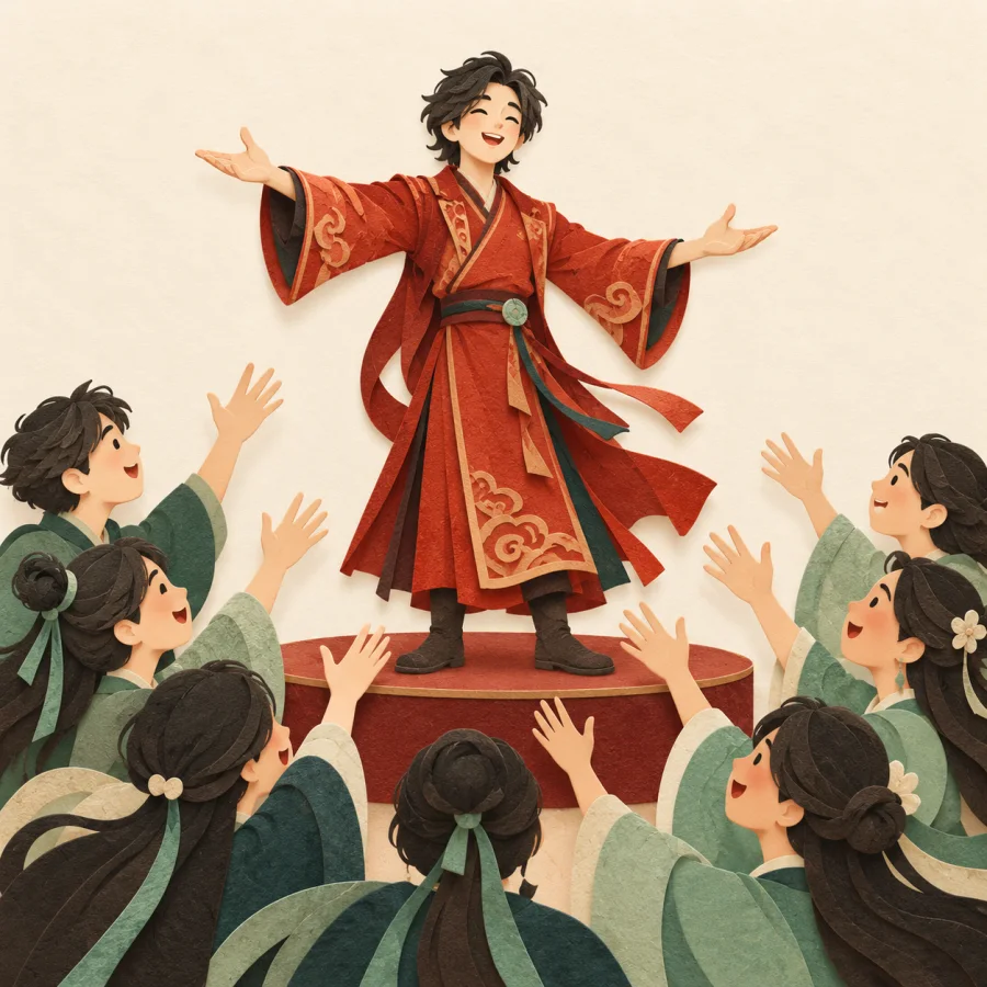 A crowd of admirers reaches toward a performer on a small stage