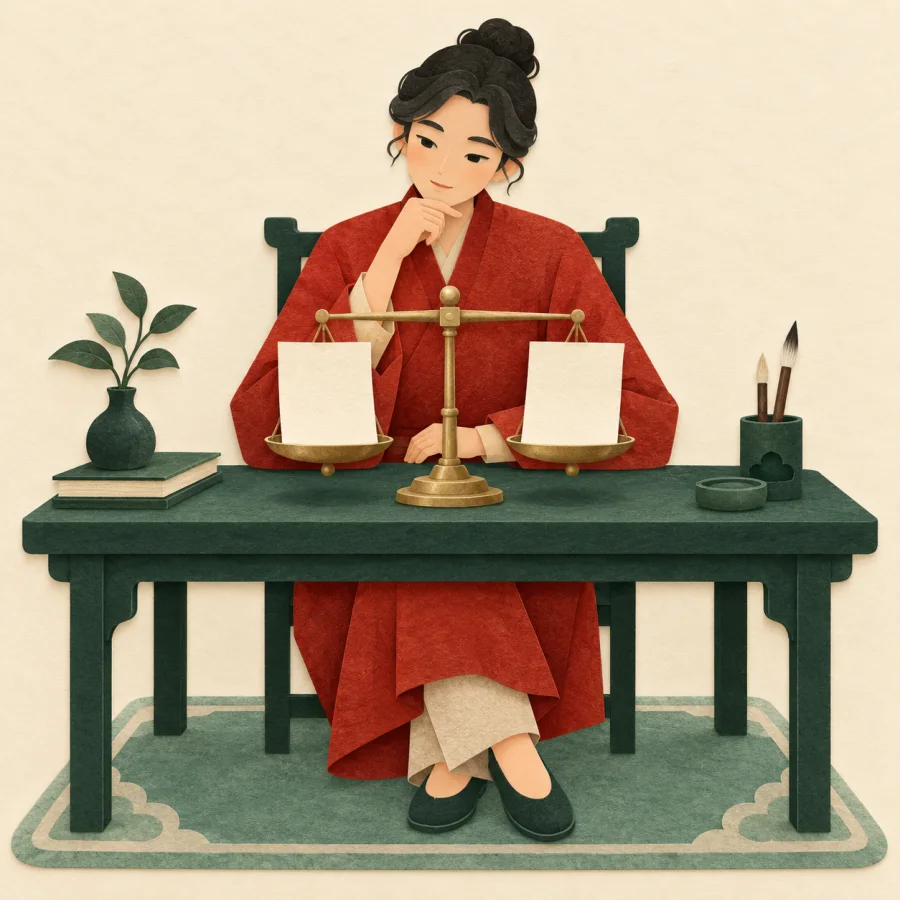 A person at a desk weighing two plans on a small balance scale