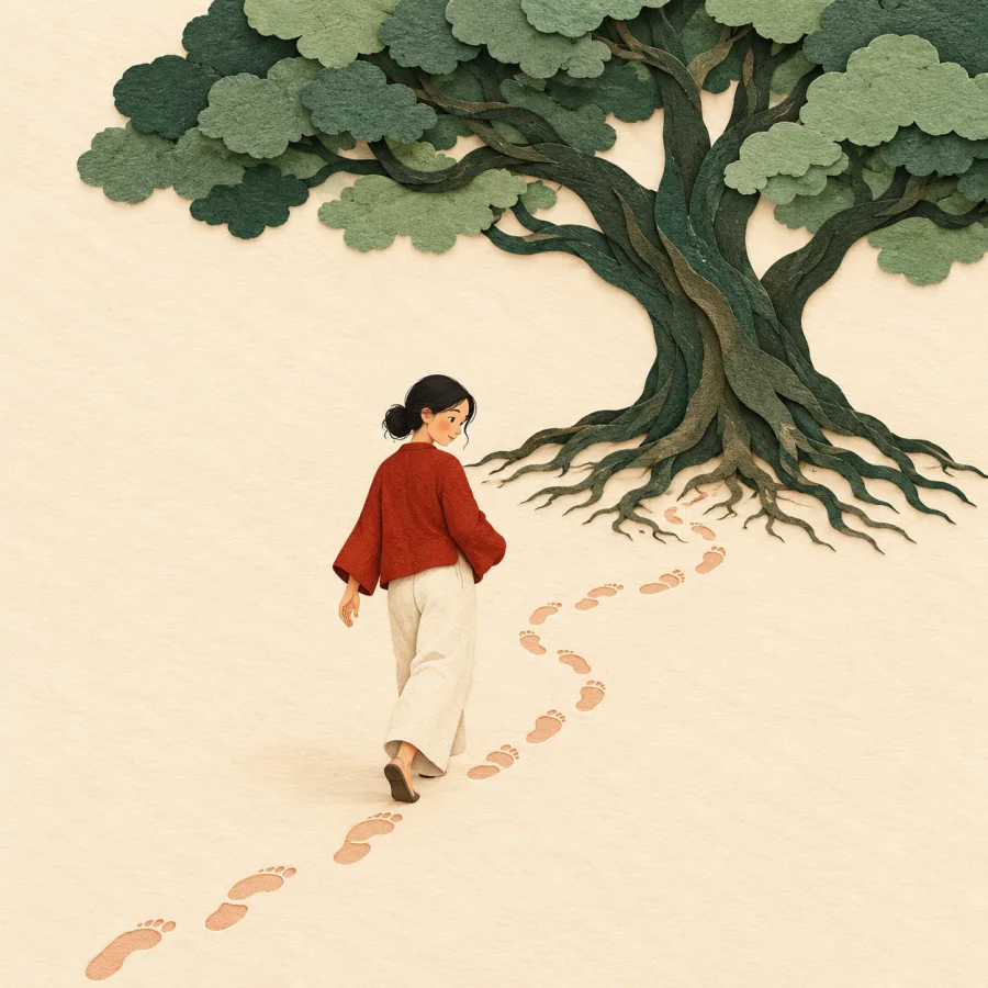 A person walks backwards along footprints toward the root of a big tree