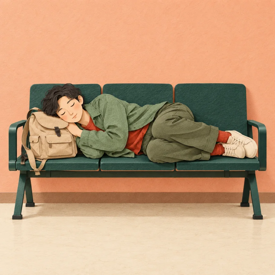 A person sleeps on a bench with a backpack under their head