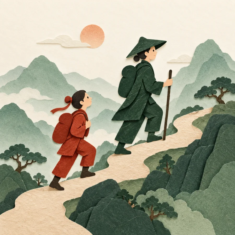A small figure walks behind a tall one along a winding path