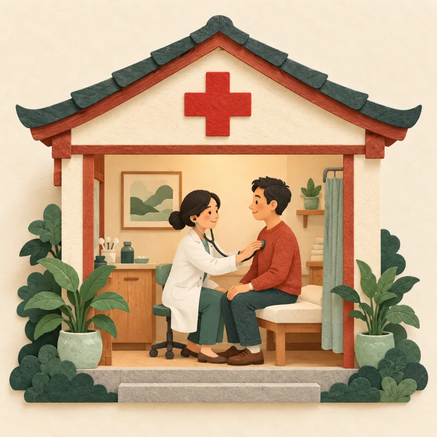 A doctor in a white coat examines a patient at a small clinic