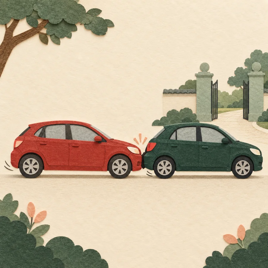 A red car bumping the rear of a green car on a road.