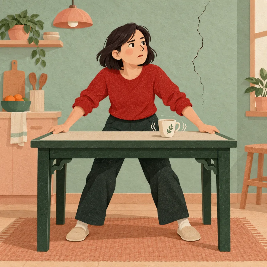 A person steadying themselves as a cup rattles during a shake.