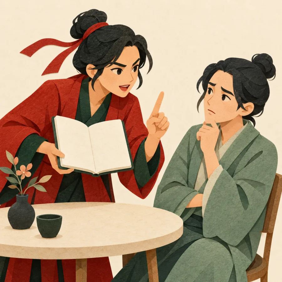A person leaning forward with a notebook, questioning a nervous listener.