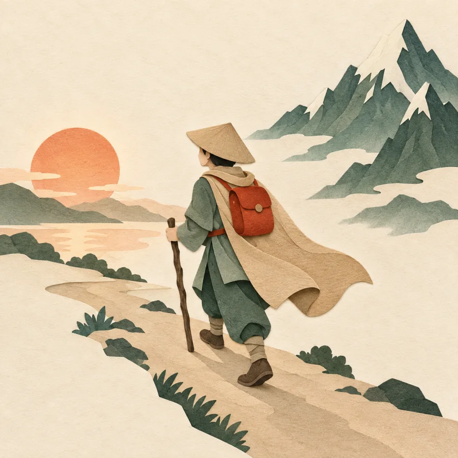 A traveler heading between sun and mountain