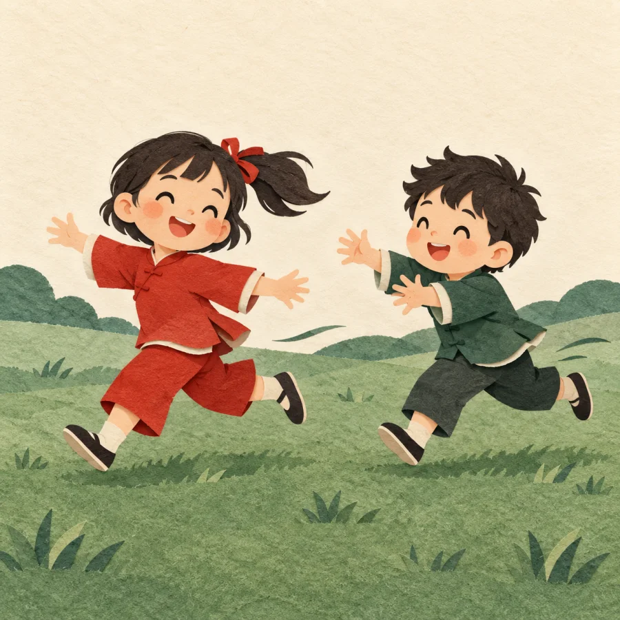 Two children chasing each other across a green meadow.