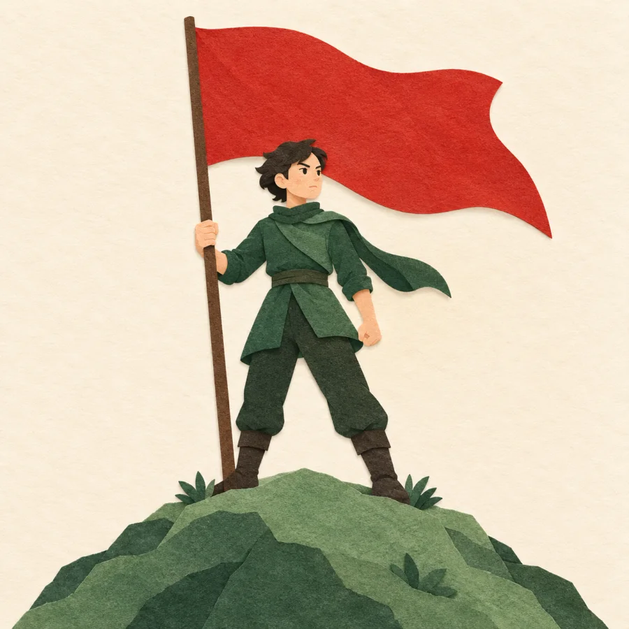 A person stands firm on a hilltop holding a flag, guarding the position