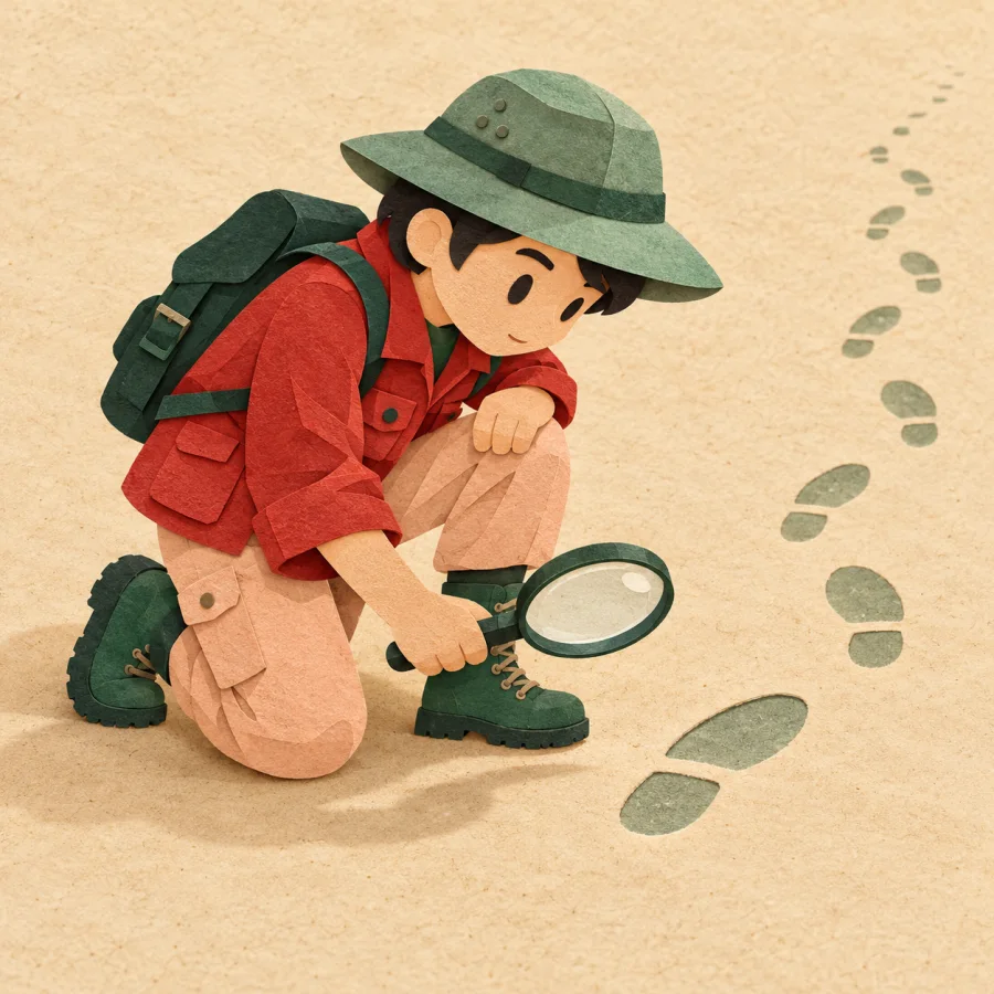A person examines animal footprints in sand through a magnifying glass
