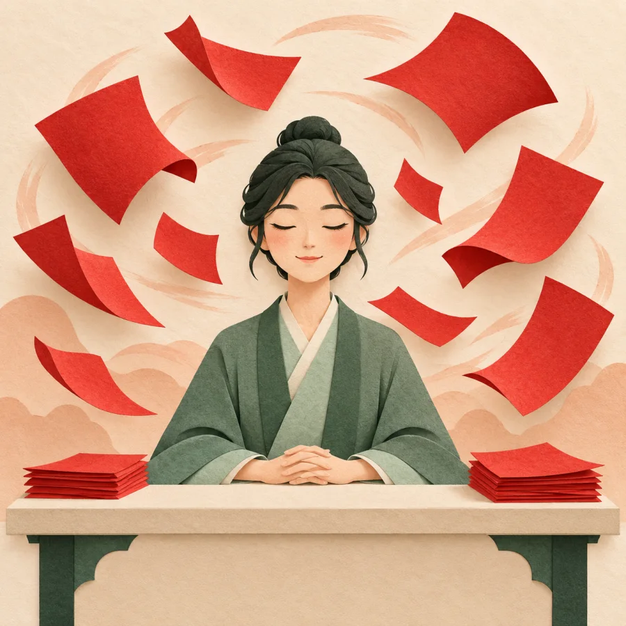 A calm person sits at a desk while papers swirl around in the air