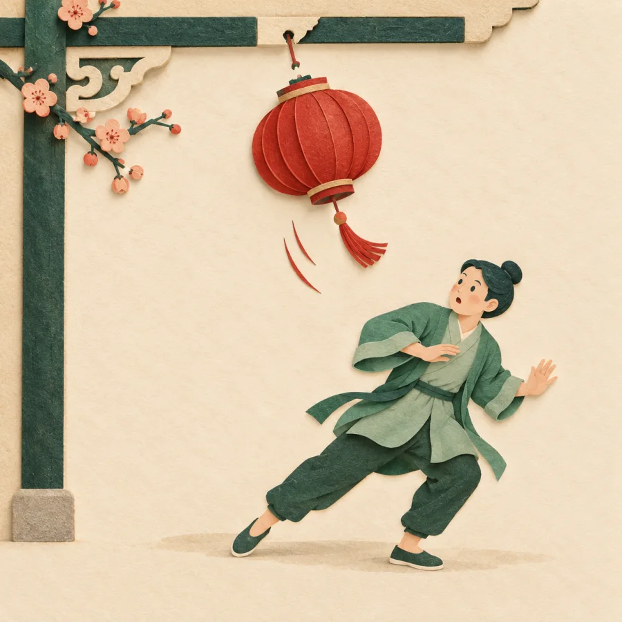 A red lantern drops down from a wooden beam overhead