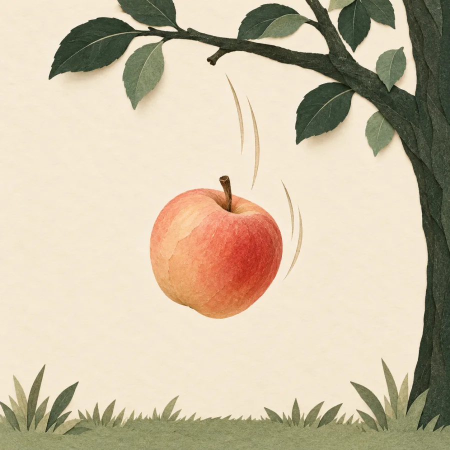 A ripe apple falls down from a branch of a tall tree