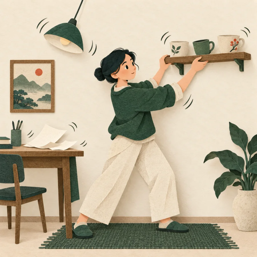 A person steadies a shelf of rattling cups as a lamp swings
