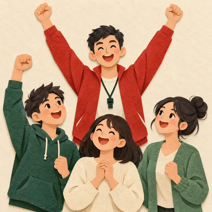 A coach raises both arms before an excited, energized little team