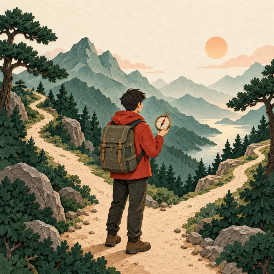 A person with a compass stands where a mountain path forks among pines