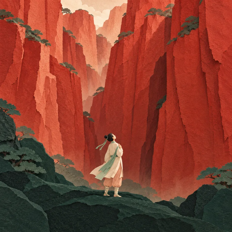 A viewer with a hand on their chest faces towering red cliffs