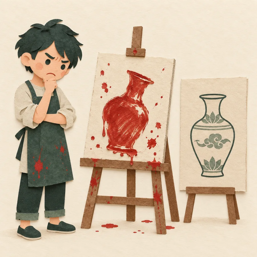 A person frowns at a messy, crooked painting next to a neat vase sketch