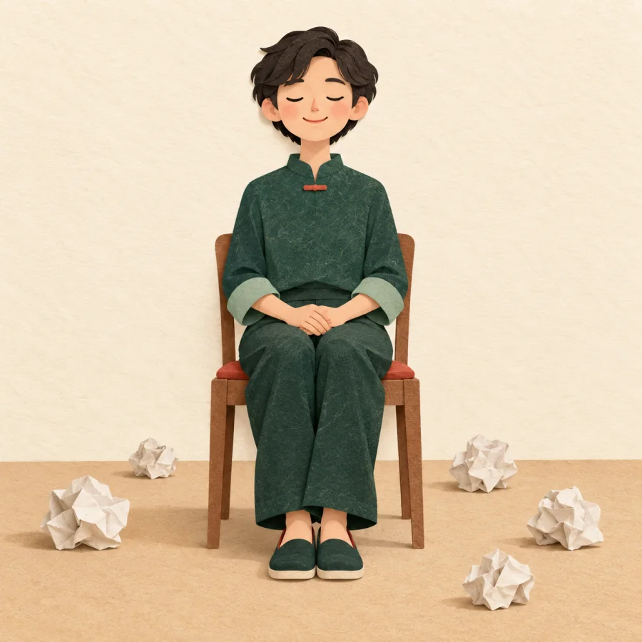 A person sits calmly with closed eyes while crumpled papers lie around