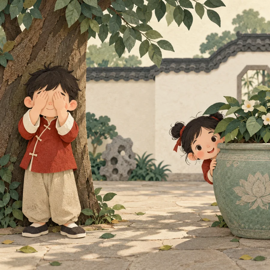 Two children play hide-and-seek in a courtyard, one peeking from behind a pot