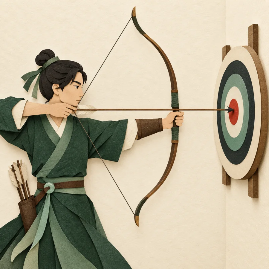 A person points an arrow at the center of a large target on a wall