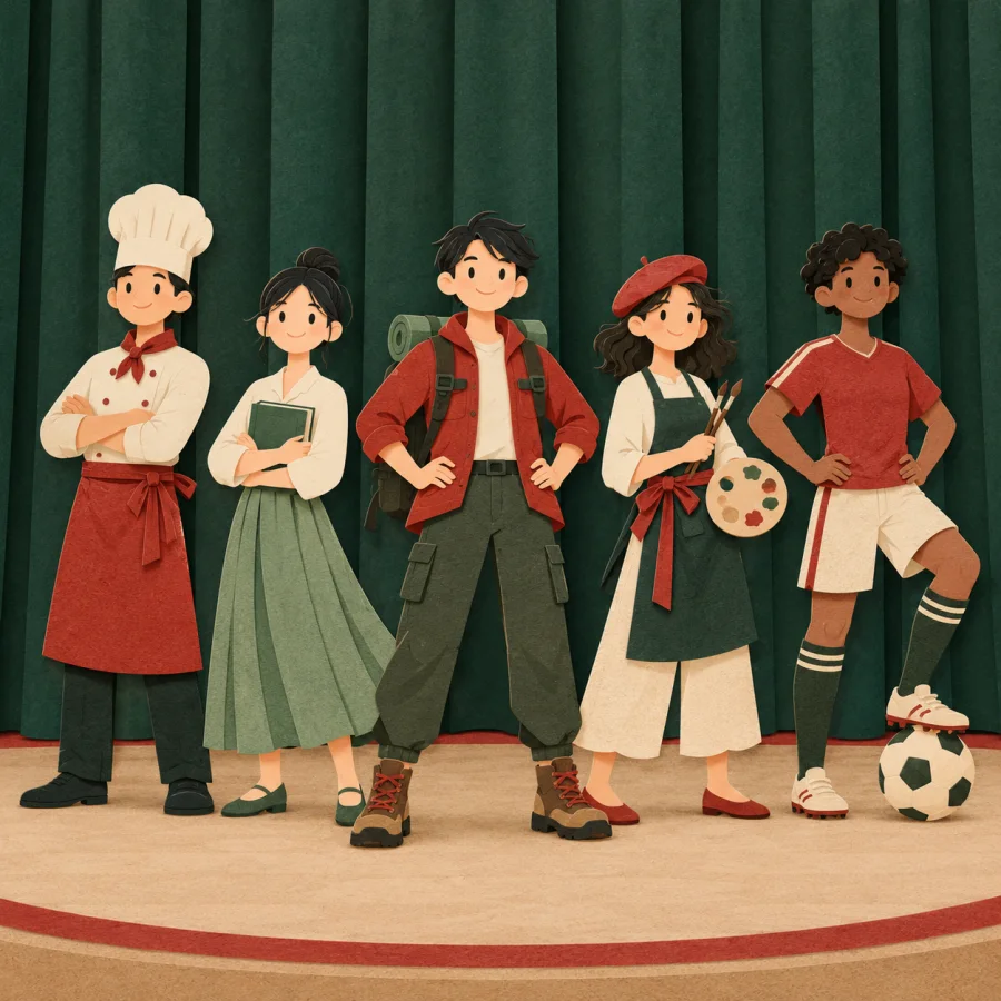 Five figures stand in a row on a stage before a curtain